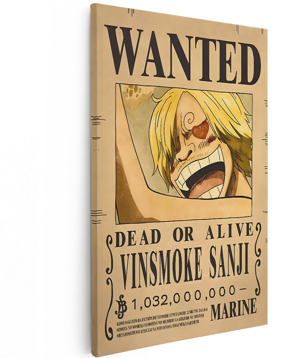 Artaza Canvas Schilderij Vinsmoke Sanji - 120x180 cm - Groot - Wanddecoratie One Piece - Muurdecoratie Anime - Decoratie Wanted Poster Slaapkamer