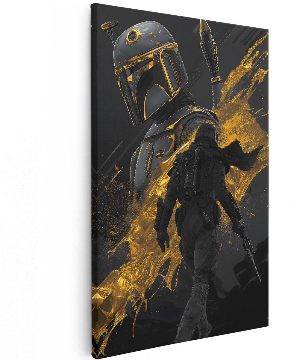 Artaza Canvas Schilderij Mandalorian - 120x180 cm - Groot - Wanddecoratie Star Wars - Muurdecoratie Goud - Schilderij Zwart Goud - Kamer Accessoires