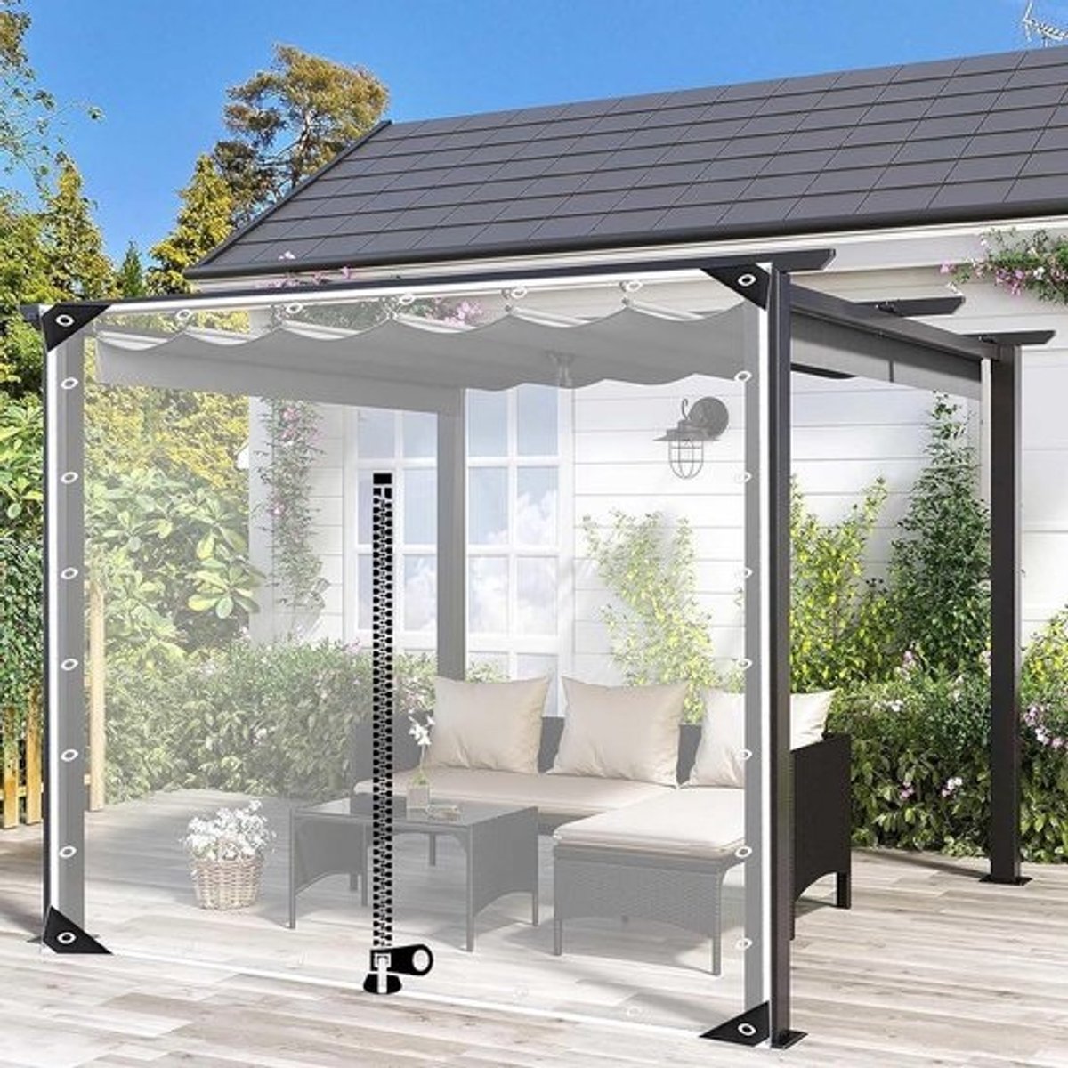 Waterdichte transparante PVC zijpaneel 1,9 x 1,5m - Bescherming tegen wind en regen - Voor tuin, terras, pergola en carport