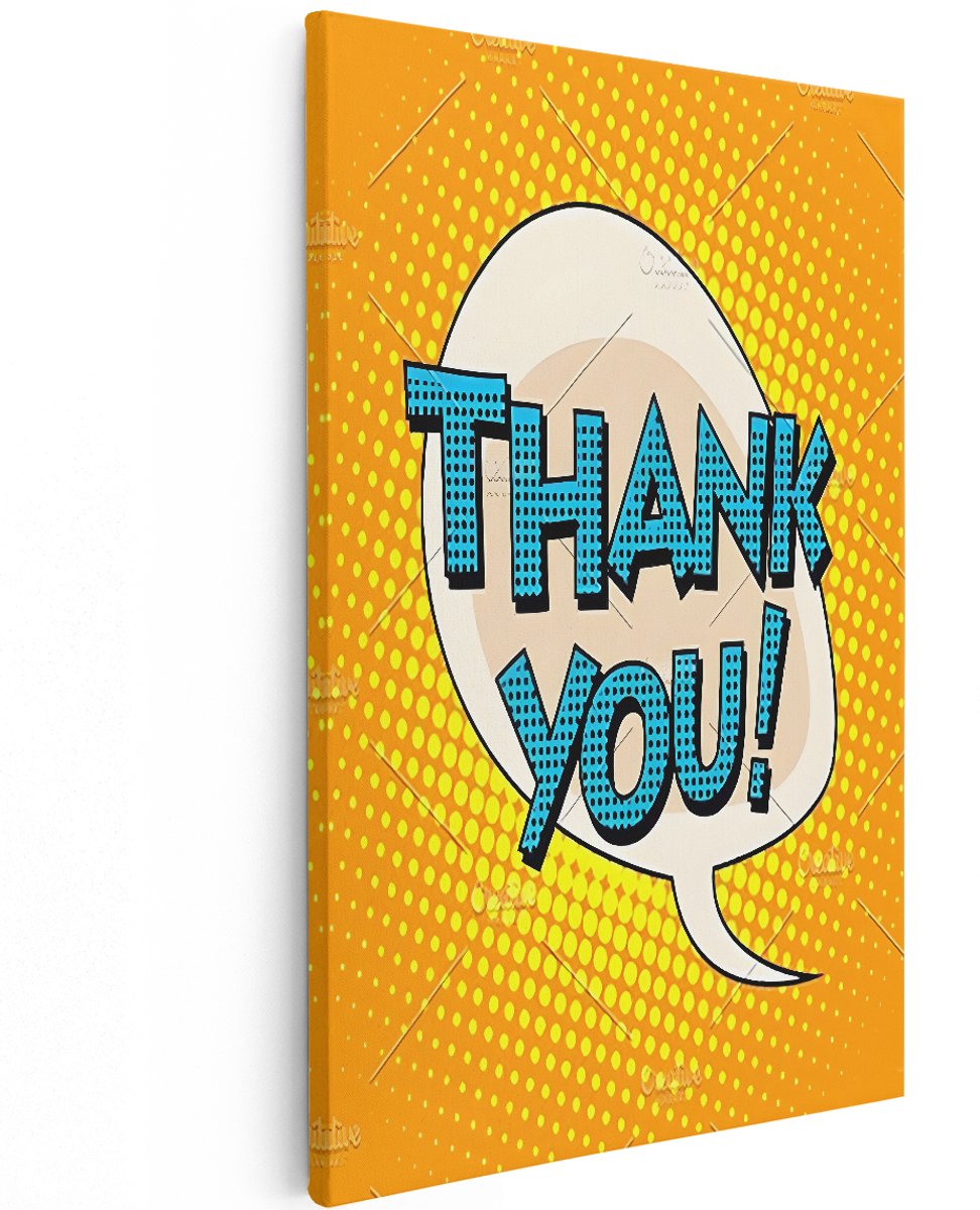 Artaza Canvas Schilderij Popart Thank You - 120x180 cm - Groot - Wanddecoratie Tekstballon - Muurdecoratie Retro - Decoratie Hal - Oranje