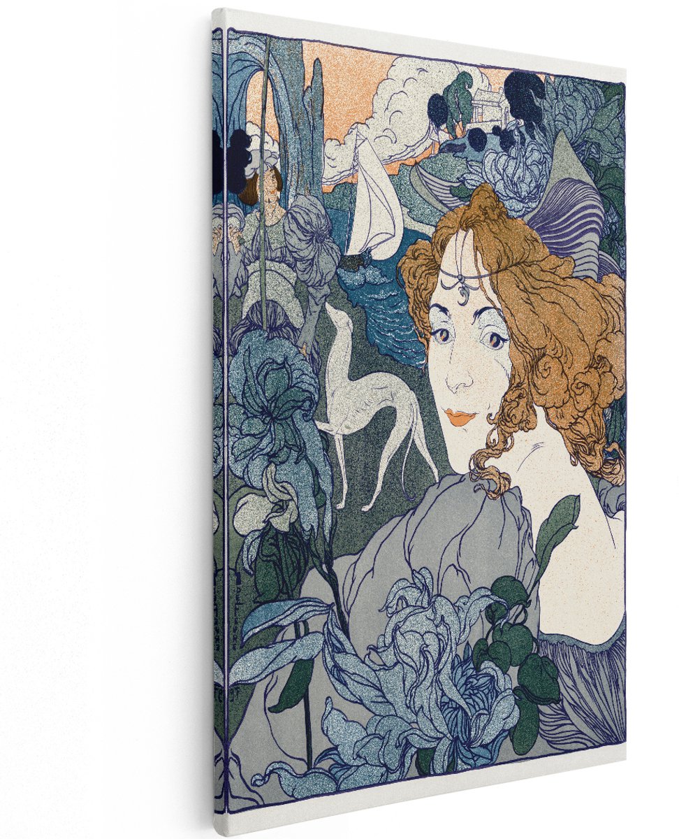 Artaza Canvas Schilderij Vrouw - 120x180 cm - Groot - Wanddecoratie Bloemen - Muurdecoratie Art Nouveau - Vintage Schilderijen Op Canvas