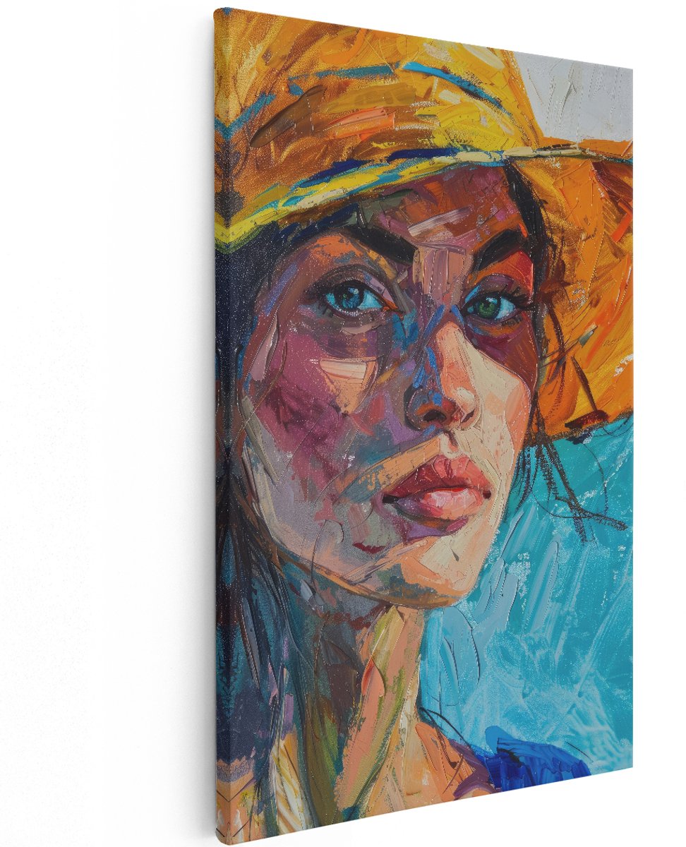 Artaza Canvas Schilderij Vrouw - 120x180 cm - Groot - Wanddecoratie Portret Strooien Hoed - Muurdecoratie Kleurrijk - Decoratie Schilderijen Vrouw