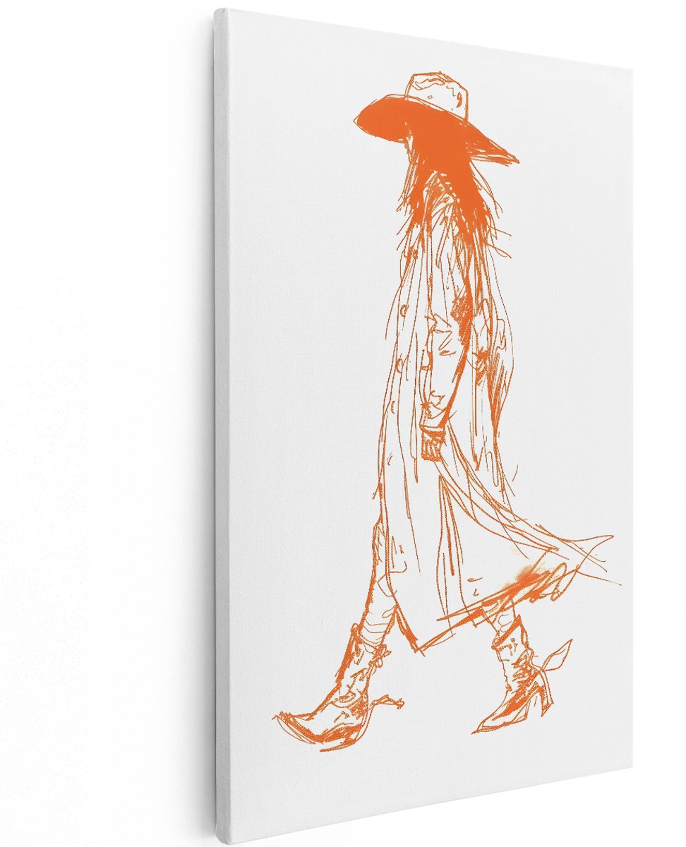 Artaza Canvas Schilderij Vrouw - 120x180 cm - Groot - Wanddecoratie Modern - Muurdecoratie Cowgirl - Schilderijen Mode - Oranje