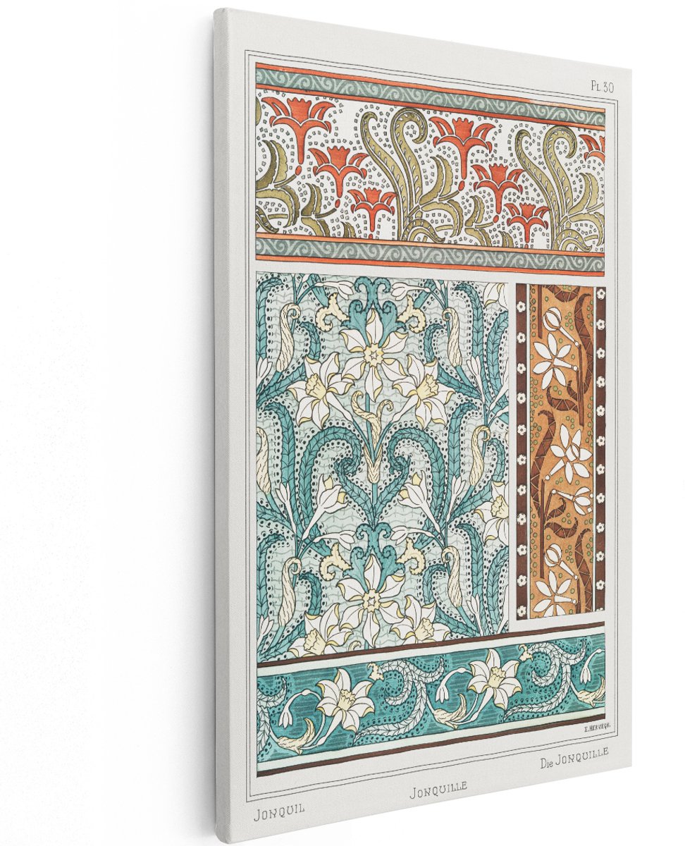 Artaza Canvas Schilderij Bloemen - 120x180 cm - Groot - Wanddecoratie Narcissen - Muurdecoratie Vintage - Decoratie Art Nouveau Patroon
