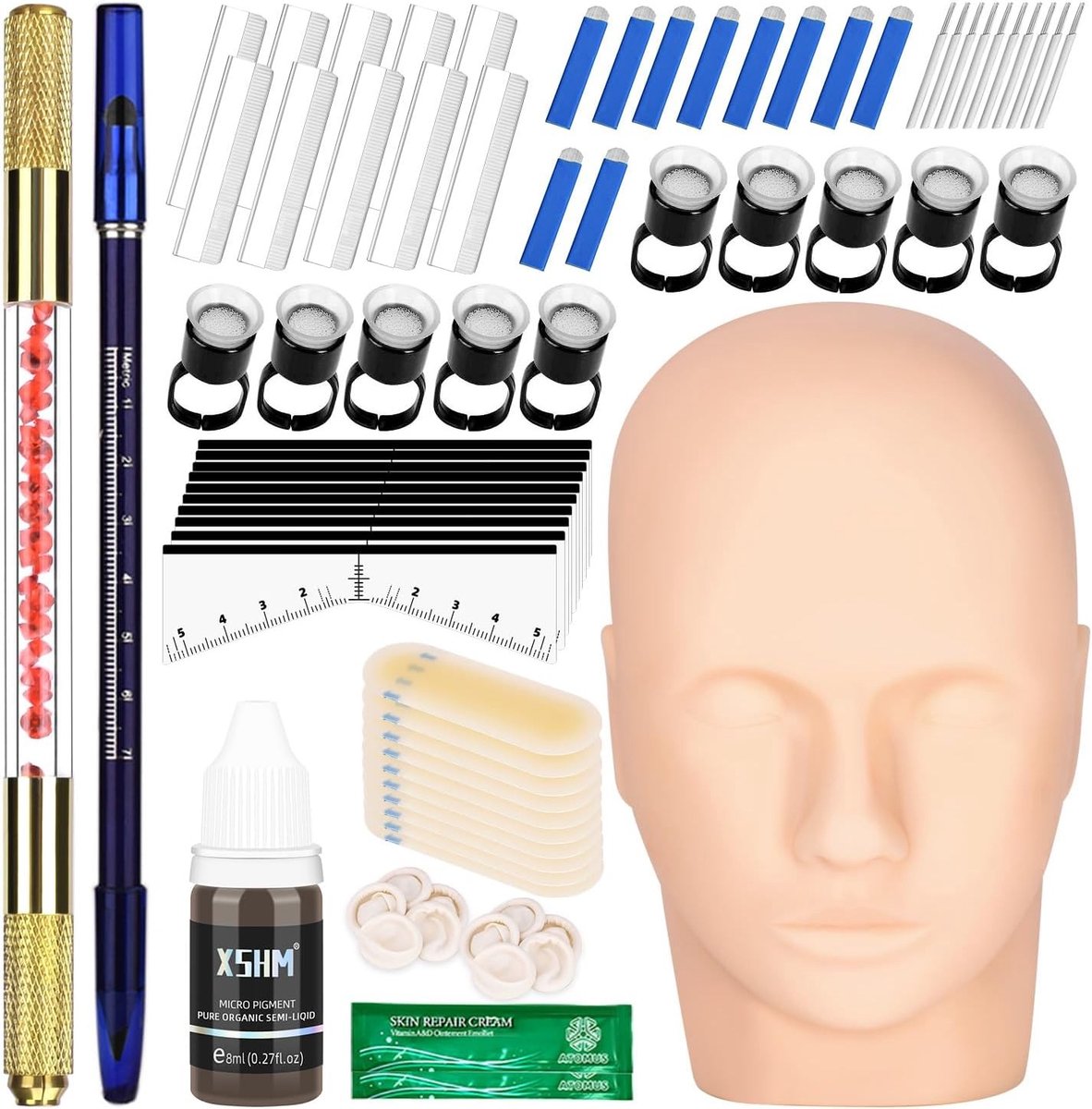 Complete Microblading Oefenkit met Semi-Permanente Pen, 18U en 3RL Microblades, Inclusief Silicone Oefenpatches voor Perfecte Wenkbrauwen
