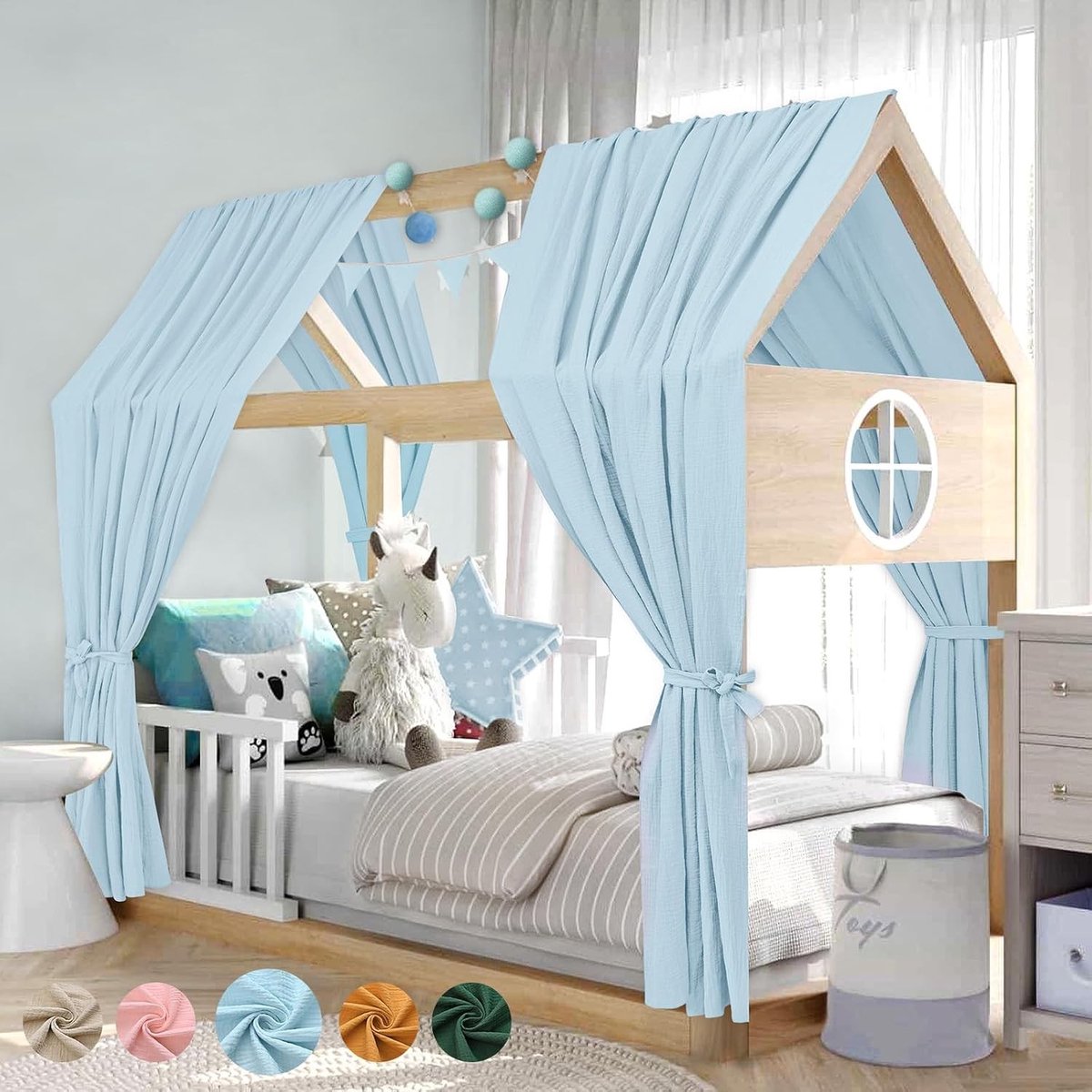 Sky Decoratie Set voor Kinderbed, 100% Katoenen Muslin Bedshirts, Bunting en Canopy voor Jongens en Meisjes, 135 x 320 cm