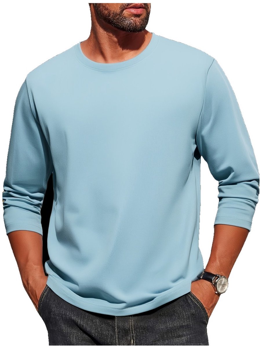 Currero Longsleeve Heren Oversized Lange Mouwen Shirt Roundneck Mannen Kleding T-Shirt Lichtblauw