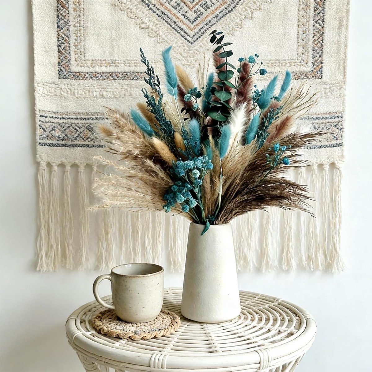 60 Stuks Gedroogde Bloemen Set met Pampasgras, Lagurus, Gypsophila en Eucalyptus voor Boho Decoratie in Woonkamer, Keuken en Feesten