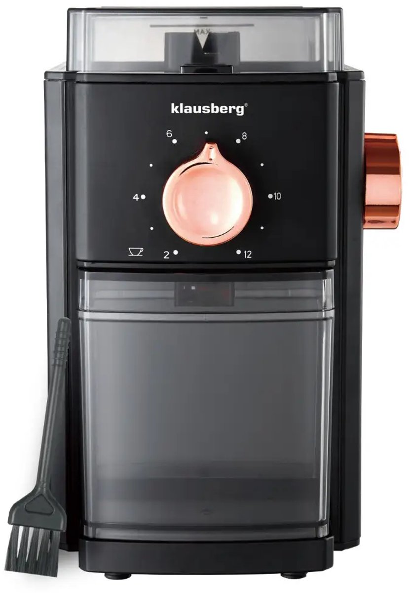 Klausberg - Koffiemolen - Elektrische Koffiemolen - Maalgraad Instelbaar - 250 g Bonenreservoir - Tot 12 Kopjes - Flat Burr Maalwerk - 150W - Zwart/Rose Gold
