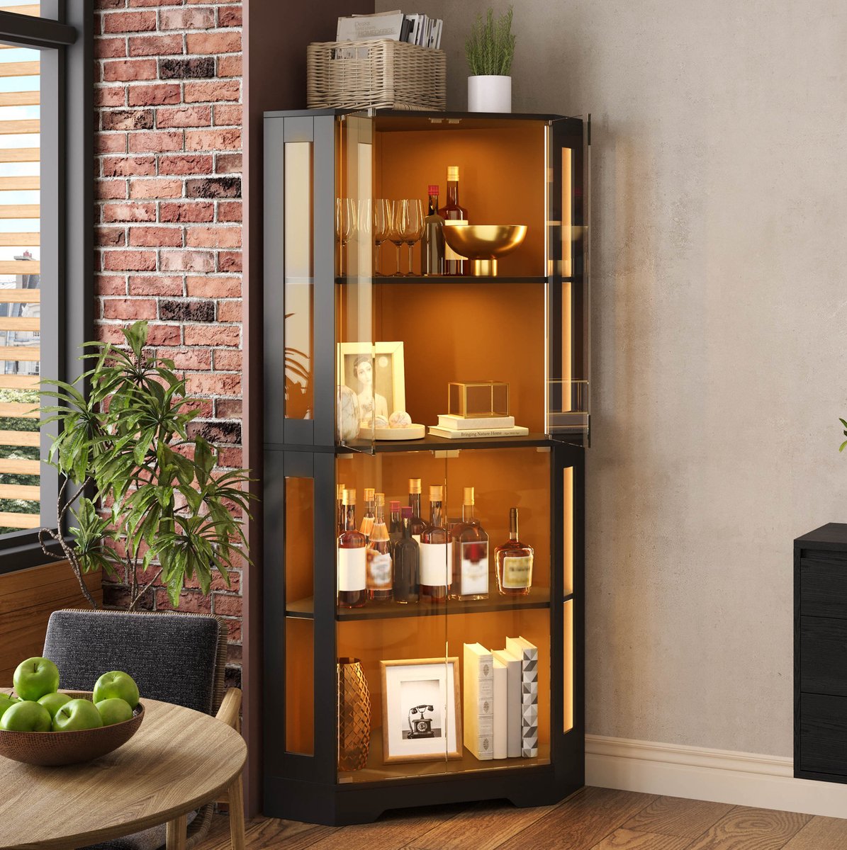 MODFU - Vitrinekast - LED - Verstelbare Planken - Zwart - 60 X 60 X 165 Cm