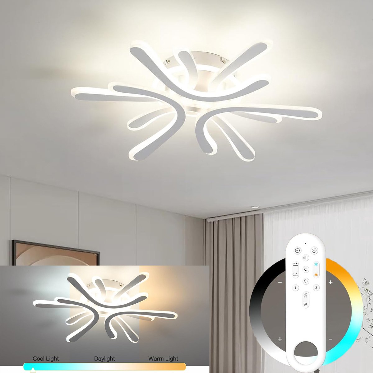 Amdelne - LED Plafondlamp Wit ‑ Uniek Zes‑bloem Ontwerp ‑ 40W ‑ 4200LM ‑ 3000K‑6000K ‑ Dimbaar Afstandsbediening ‑ Plafonniere voor Woonkamer | Eetkamer | Slaapkamer