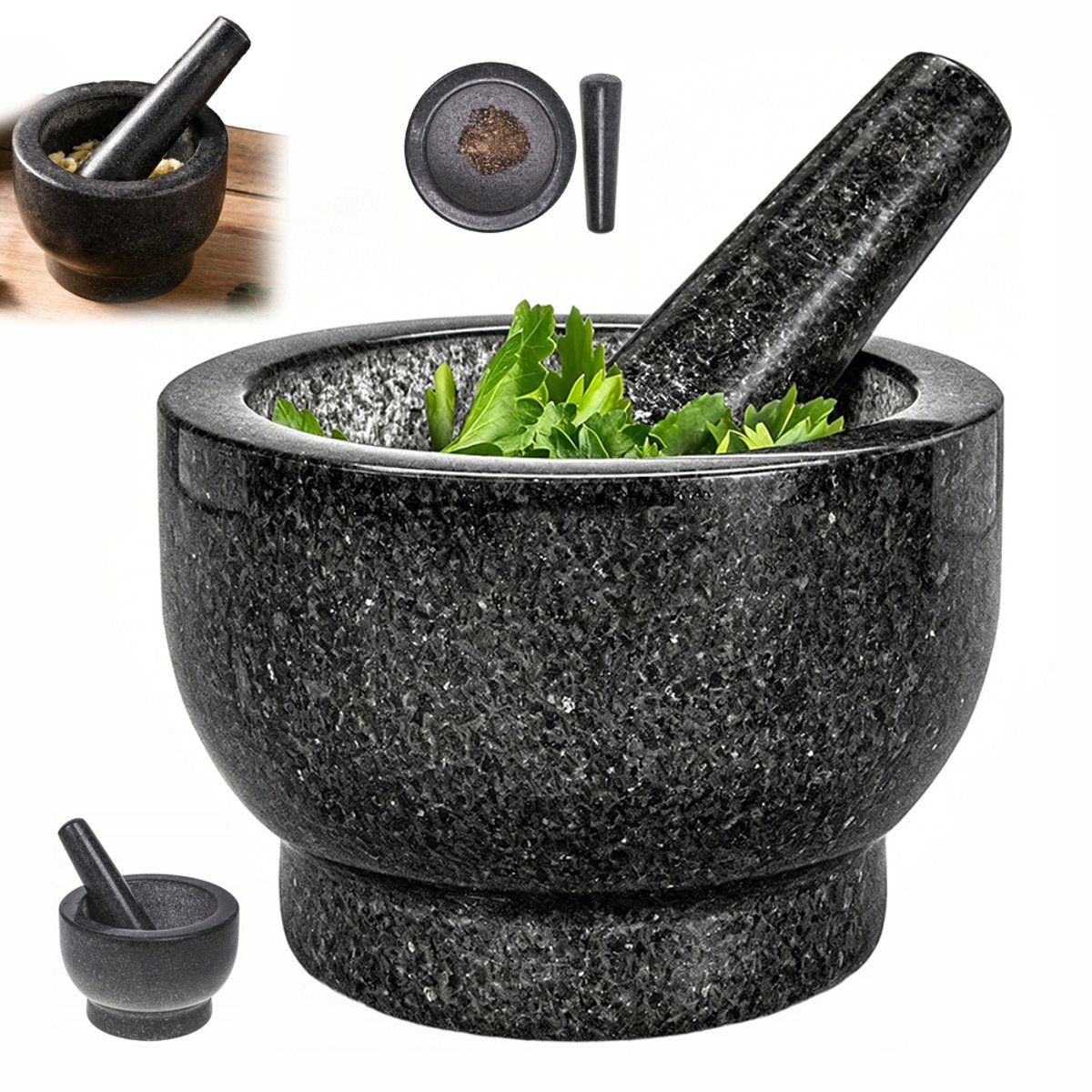 Granieten vijzel en stamper - Knoflookpers - Huishoudelijke molen - Voor het malen van specerijen en het maken van pesto - Duurzaam keukengerei - Natuursteen - Inclusief deksel - 13*9 cm - Zwart