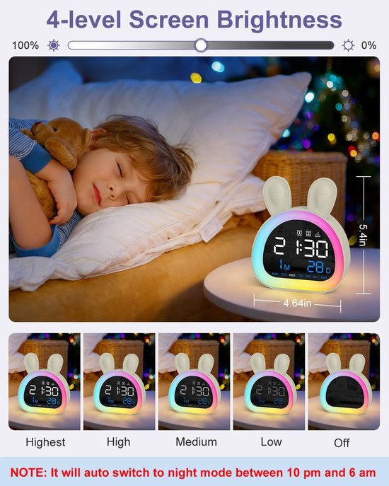 Kinderen Wekker, OK om Klok Voor Kinderen Met Touch Control Wakker, Bluetooth Tijd Sync, 9-kleur Nachtlampje, 6 Rustgevende Geluiden, Dual Alarm, Kinderen Wekker Leuke Konijn Cadeaus voor Meisjes — afbeelding 2