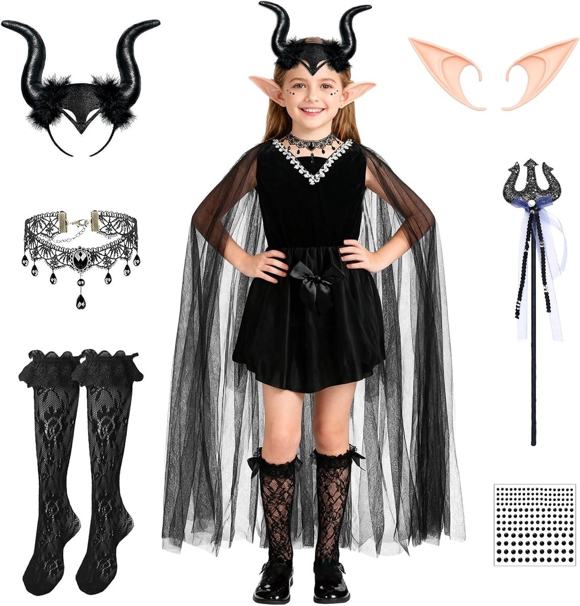Halloween Kostuum voor Meisjes - Zwarte Slechte Koningin Jurk met Hoorns, Sieraden en Sokken voor Carnaval en Cosplay