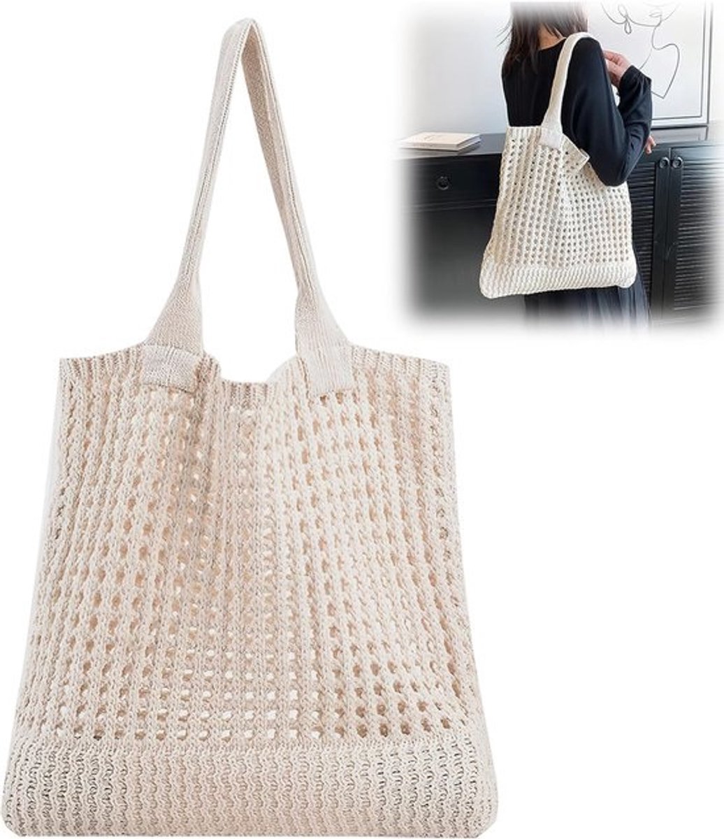 Strandtas - Schoudertas Dames - Zomerse Uitstapjes - Fijn Hol Vissnet Design - 41 x 36 cm - Beige