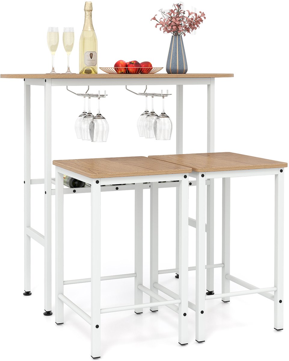 SureDeal® - Eettafel - Bartafel - Barstoelen - Personen Bartafel - Houder - Wijnglazen - Flessen Natuur - Naturel