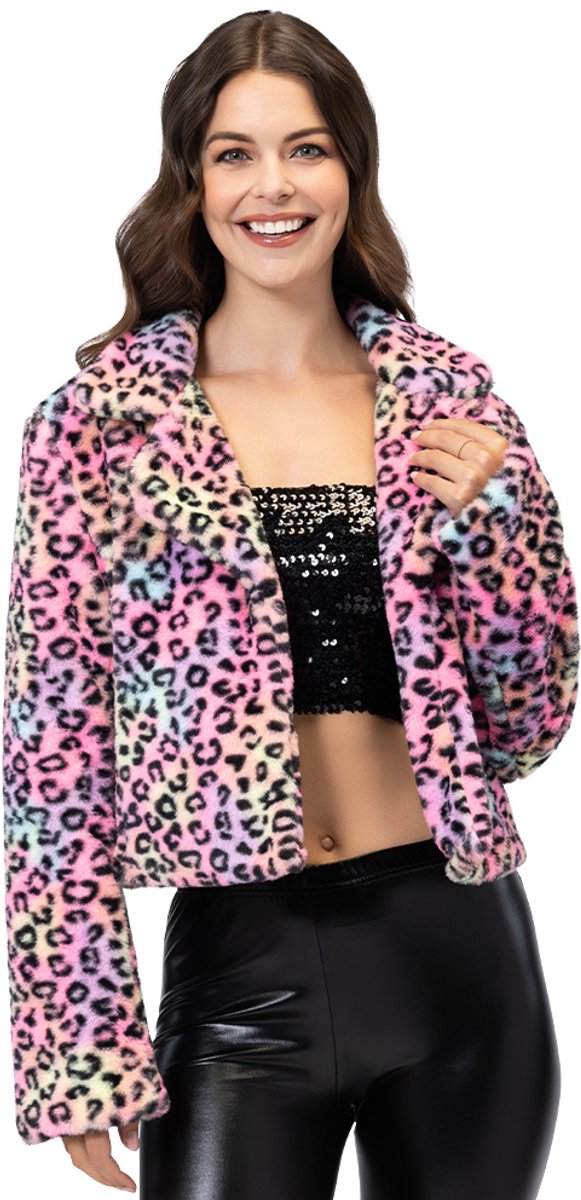 Boland - Jasje Fluffy candy luipaard (M/L) - Volwassenen - Luipaard - Festival - Rave - Bontjas - Teddy - Foute party