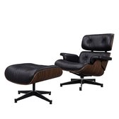 Loungestoel met Voetenbank - Mid Century Fauteuil - Walnoot Hout - Zwart Leer - 15° Kanteling - Ergonomisch Design - Gelamineerd Houtframe - Woonkamer en Kantoor