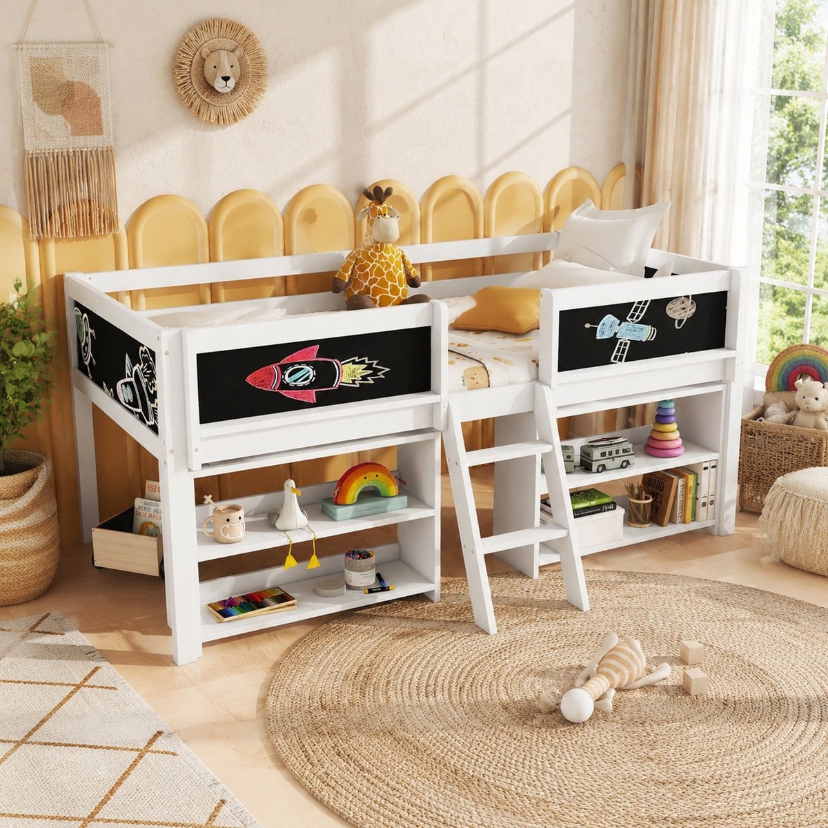 Wishdor Halfhoogslaper 90x200 cm - Met opbergruimte en uitvalbeveiliging - Met ladder en tekenbord - Minimalistisch - Kinderkamer - Hout en MDF - Wit - 204 x 124 x 90 cm