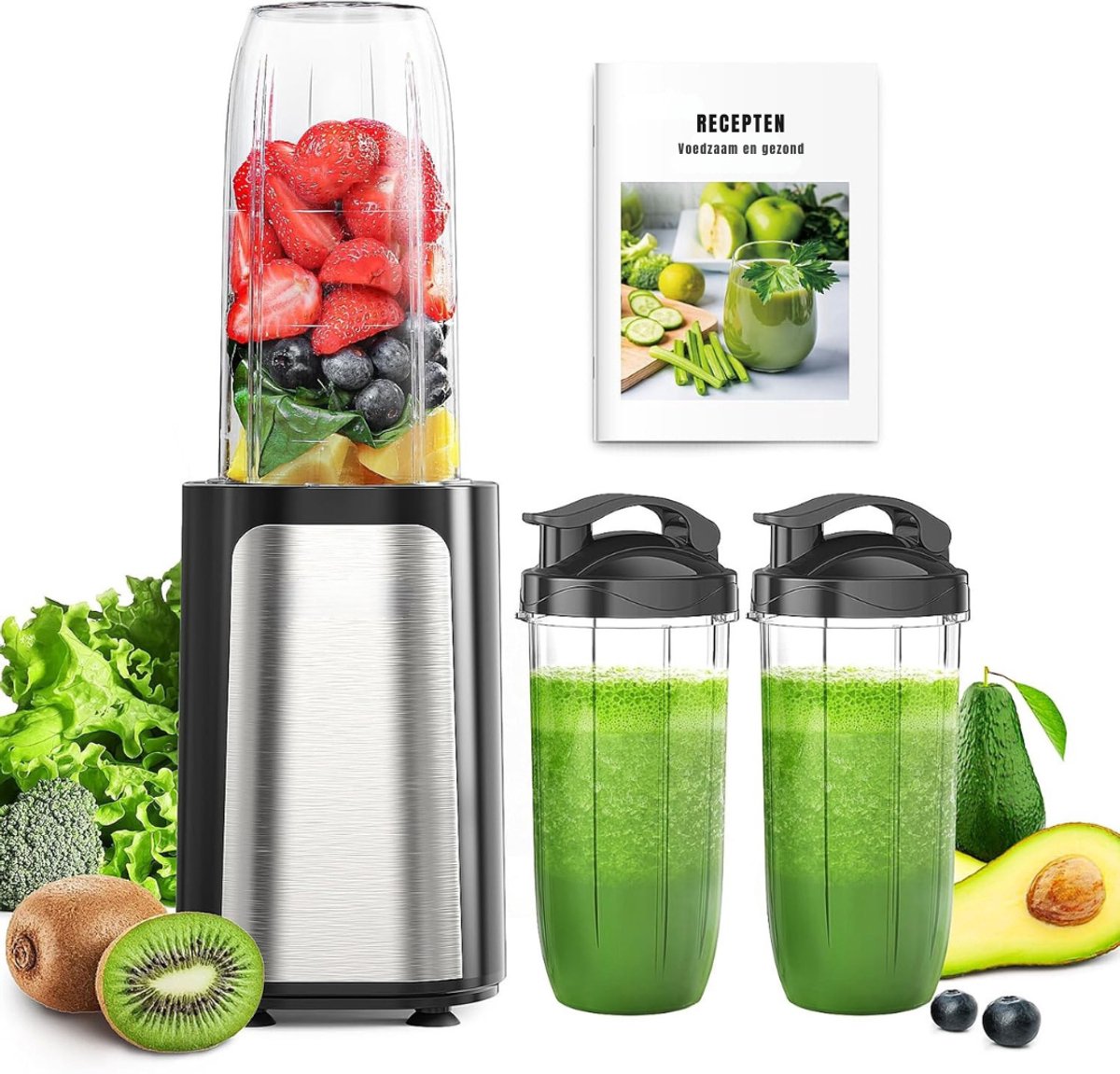 KIRA® Blender - Blender met 3 Draagbare Mengbekers - Krachtige Mini Mixer - Zwart en Zilver - 13cm x 19cm x 39cm