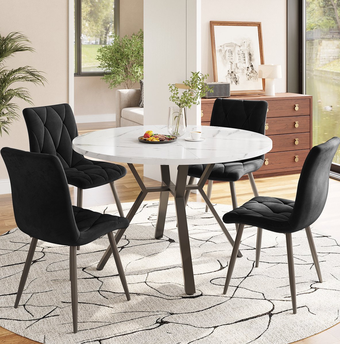 Wishdor 5-delige eettafelset - Rond marmereffect - Zwarte metalen poten - Ergonomische stoelen - Modern - Zwart wit - Ø 100 x 75 cm