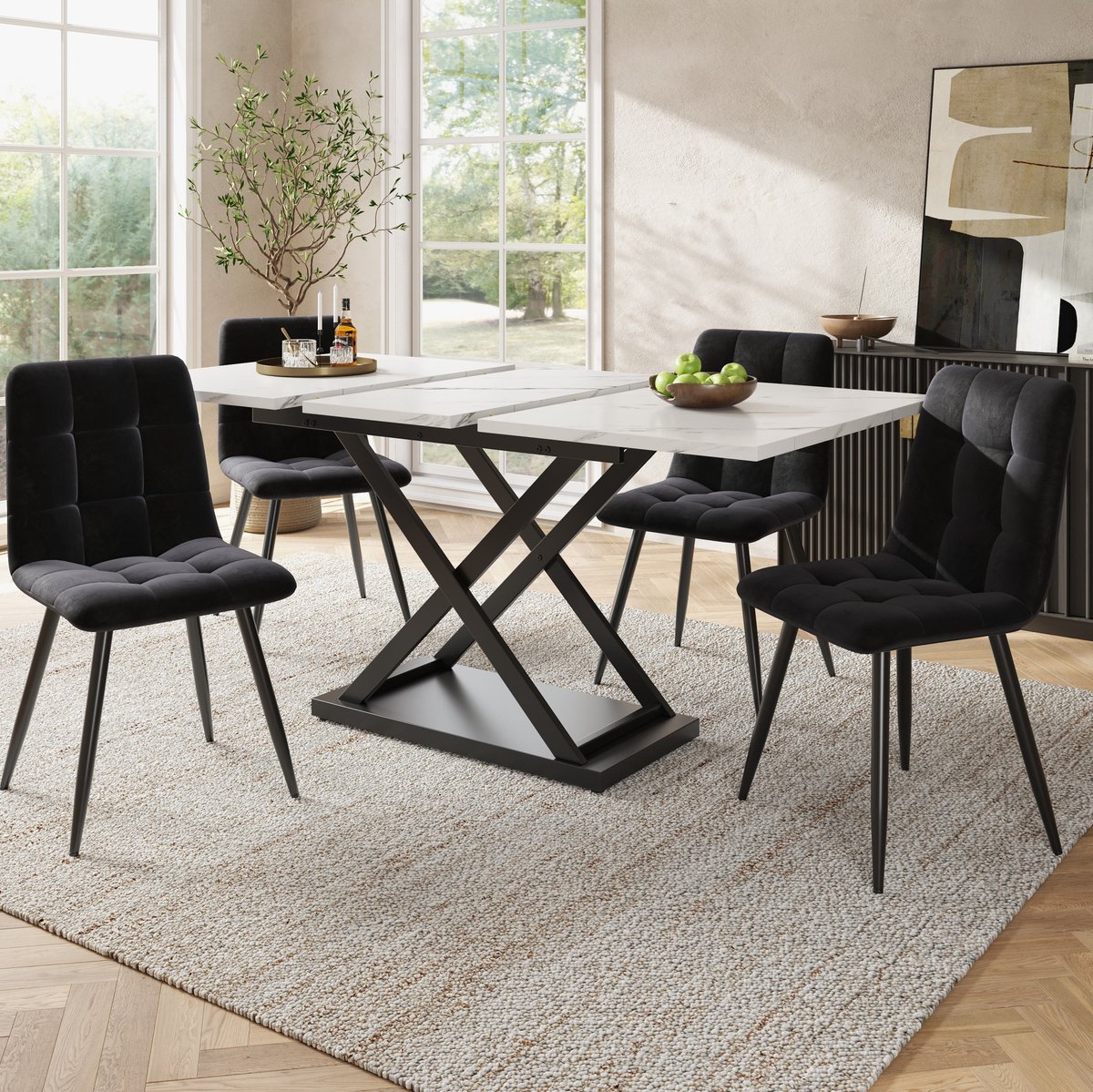 Wishdor Eettafelset - Uittrekbare eettafel voor 4 personen - 4 eetkamerstoelen - Modern - Woonkamer eetkamer keuken - MDF metaal fluweel - Wit zwart - 160 x 80 x 75 cm