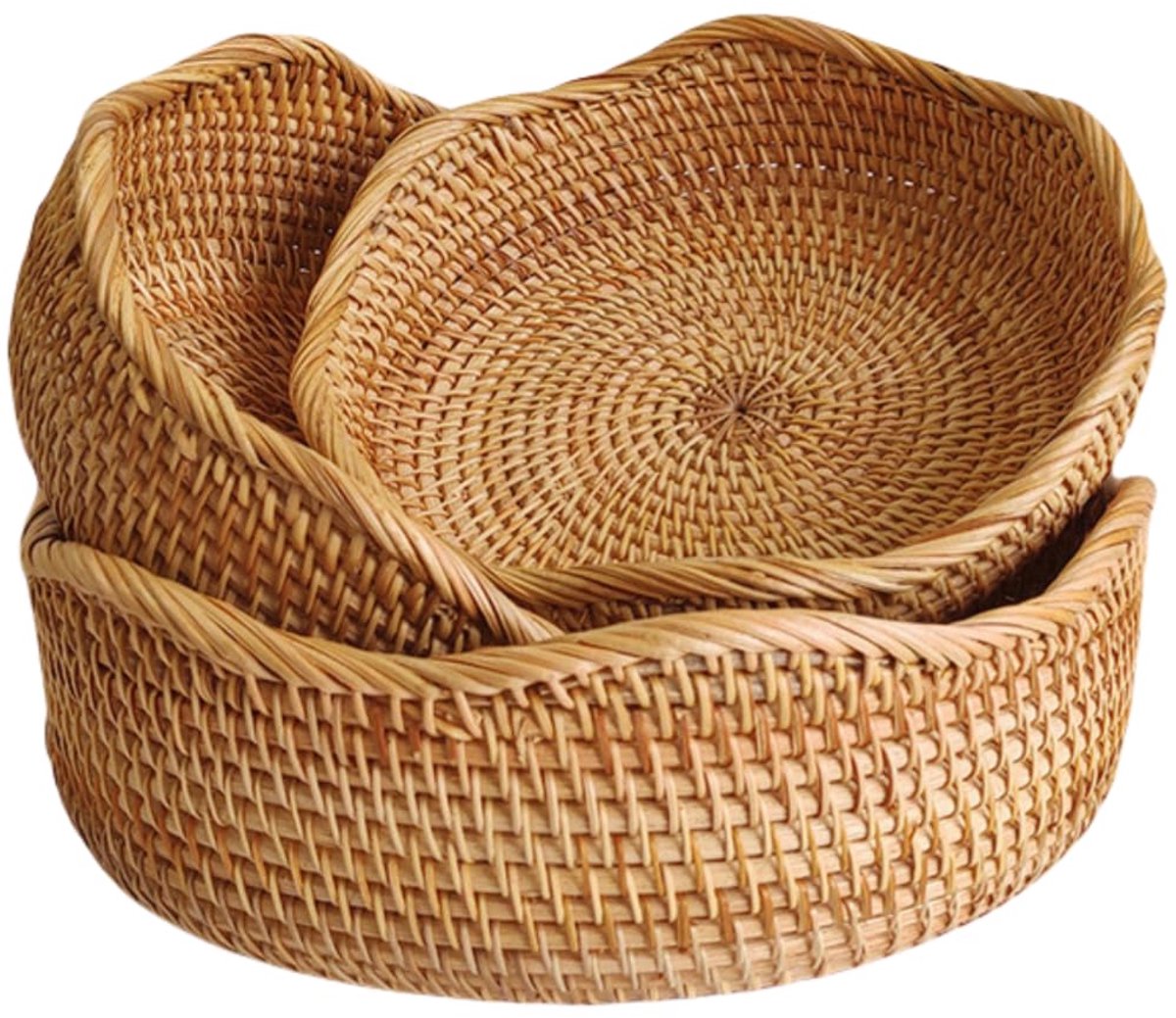 Famanu – Rotan broodmand, handgeweven fruitmand, decoratieve rieten serveerschaal, set van 3 voor het organiseren van de keukentafel