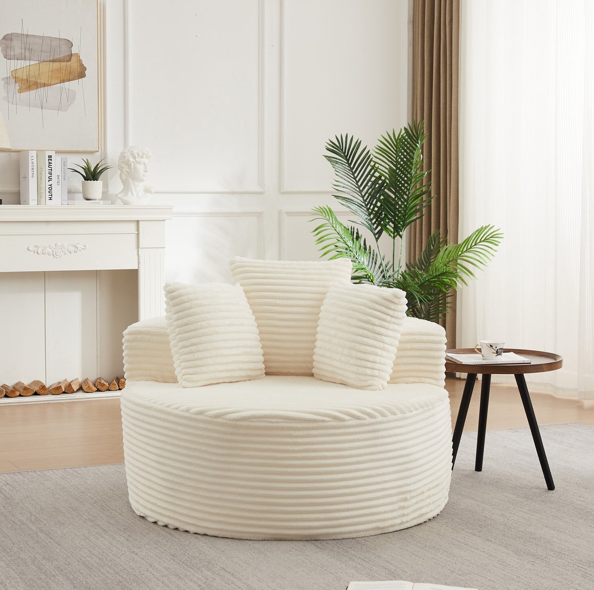 REDOM - Fauteuil - Rond model - Met 3 sierkussens - Minimalistische stijl - Woonkamer slaapkamer speelkamer - Corduroy - Beige - 110 x 82 cm