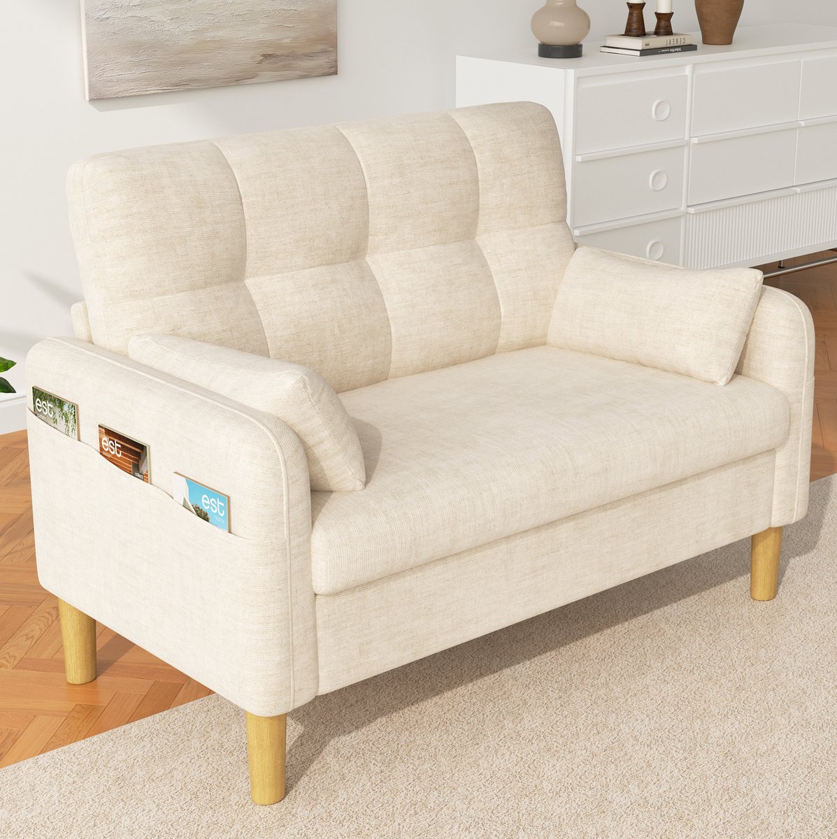 REDOM - Bank - 2-zits sofa voor kleine ruimtes - Hoge rugleuning en zachte kussens - Opbergzak aan zijkant - Moderne stijl - Chenille - Beige - 119 x 78 x 85 cm