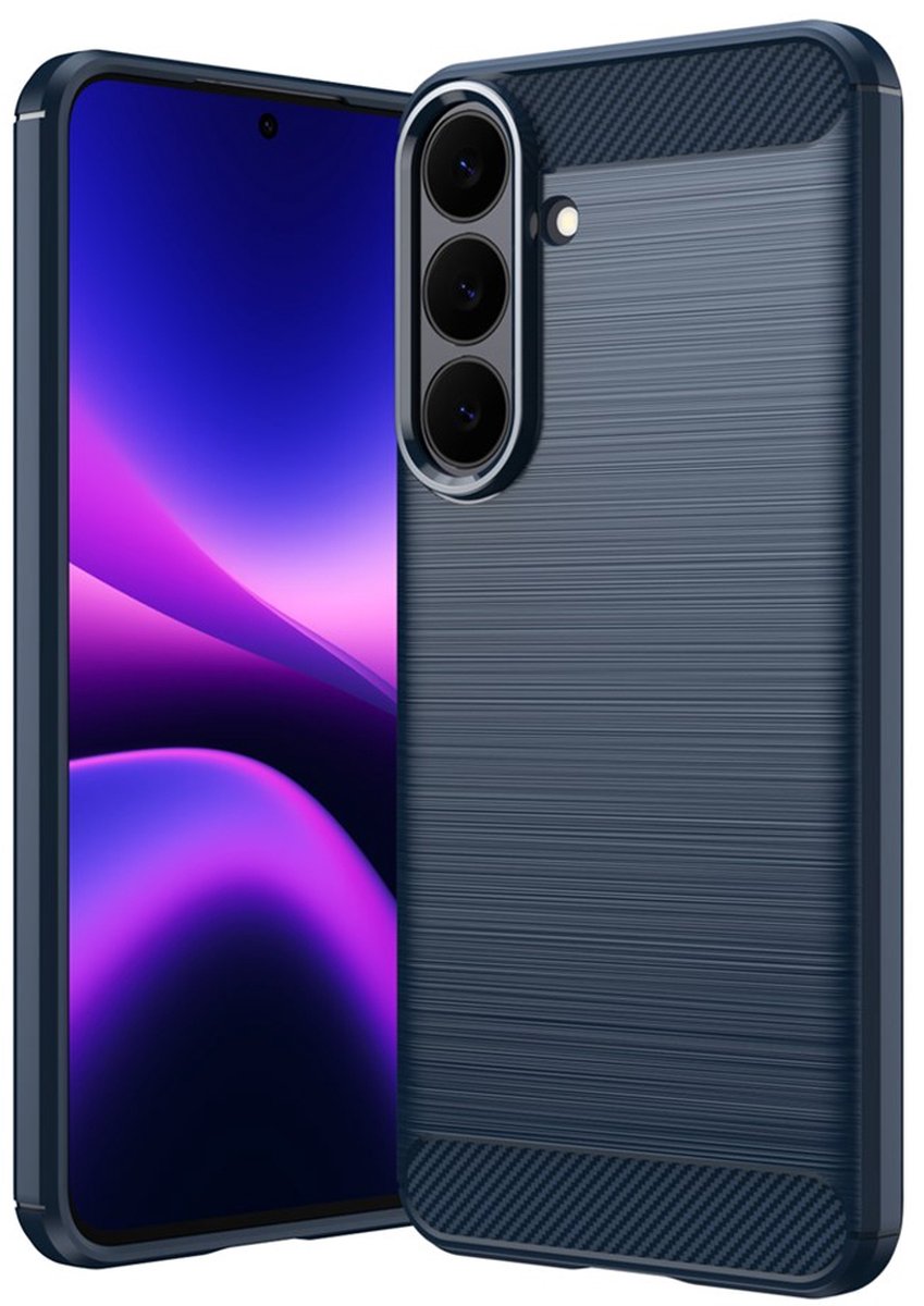 MobyDefend Hoesje - Geschikt voor Samsung Galaxy S26 FE - TPU Backcover - Geborstelde Metaal & Carbon-Look - Blauw