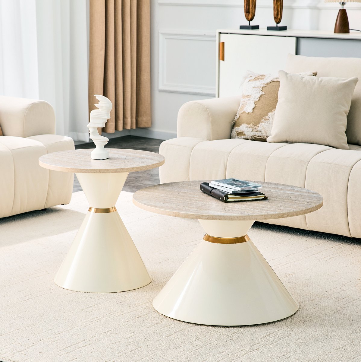 MODFU - Salontafel Set Van 2 - Nestbaar - Modern - Metaal En Melamine - Crèmewit En Goud