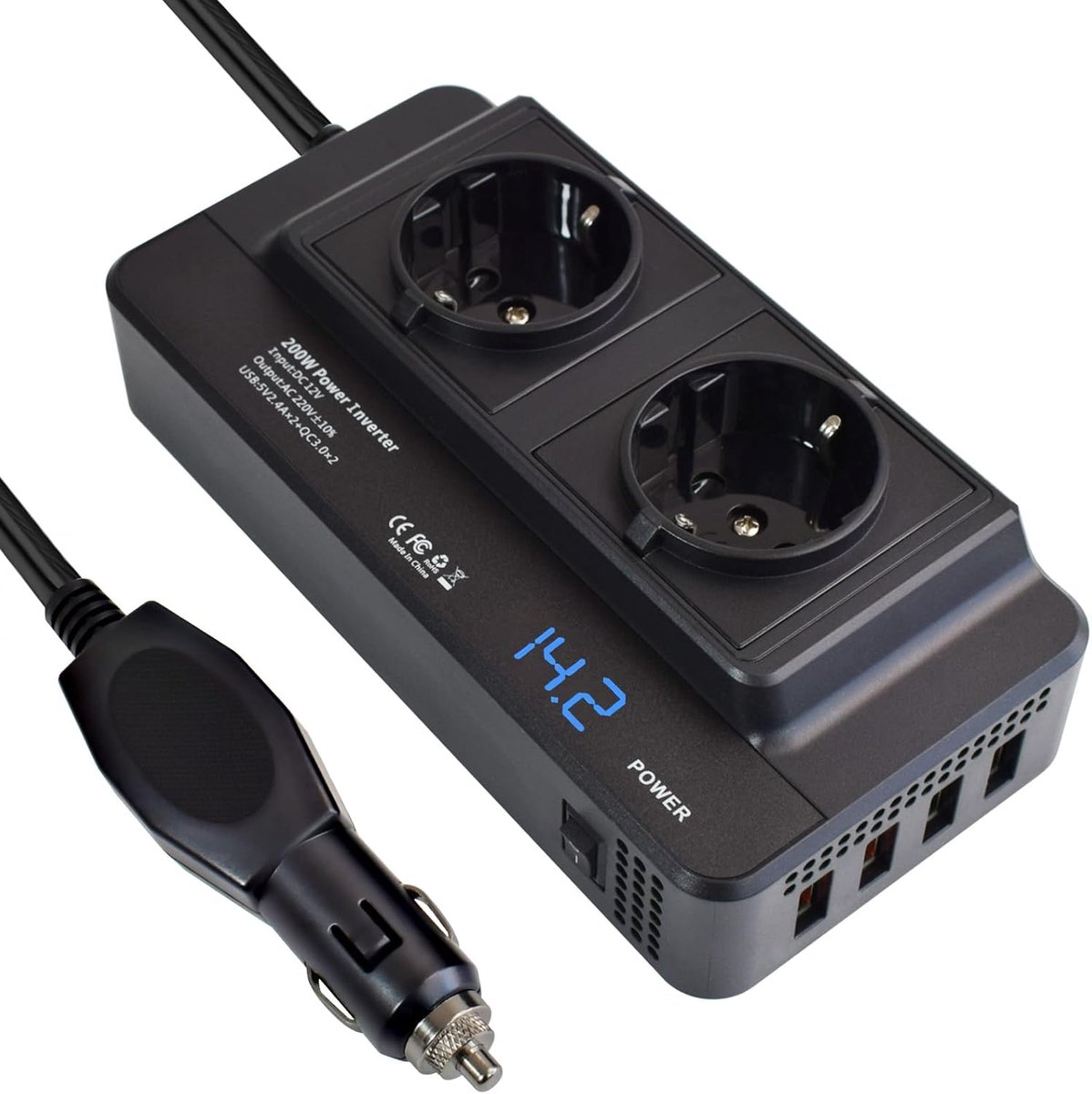 12V/220V/230V/240V 200W omvormer met sigarettenaanstekeraansluiting, ondersteunt PD36W QC3.0 snelladen, voorzien van 2 Europese stopcontacten, 4 USB Type-C-poorten en een digitaal display, geschikt voor auto's, campings, campers en boten.