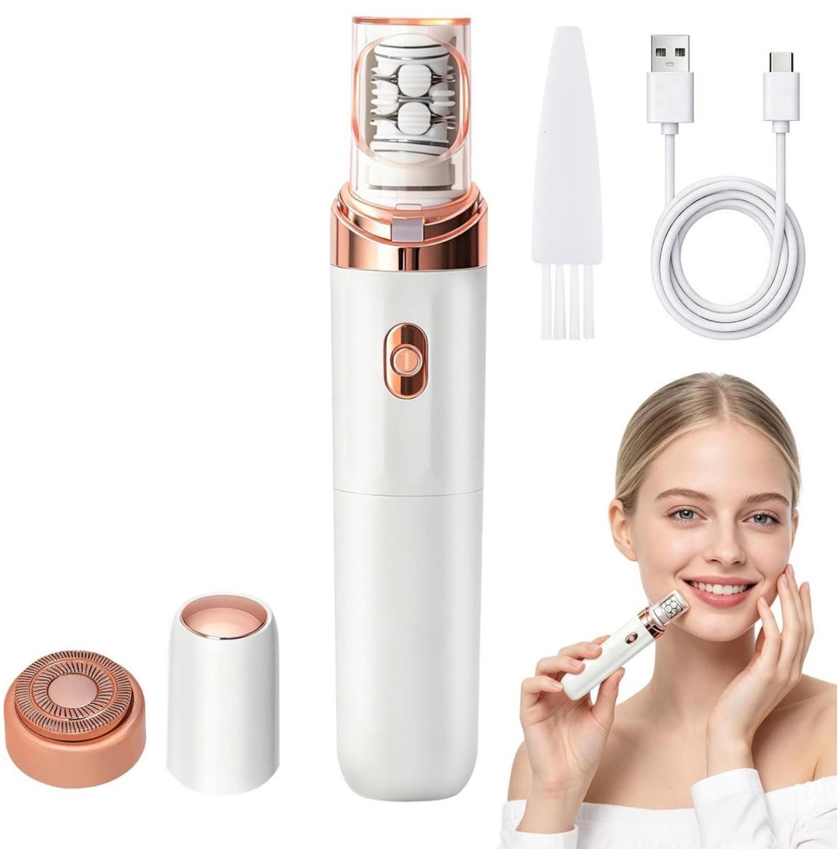 SSTRWGOOD Ontharingsapparaat geschikt voor vrouwen - Gezichtsscheerapparaat met dubbele kop - Met LED-lampje - 2-in-1 elektrisch scheerapparaat - Geschikt voor lippen, armen, oksels en bikinilijn - USB oplaadbaar intiem scheerapparaat - Wit