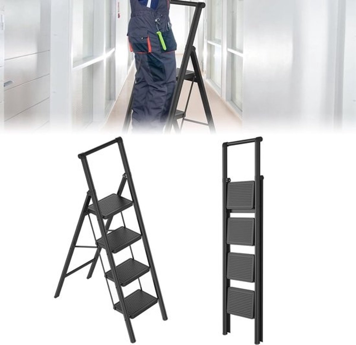 Inklapbare Trapladder met Leuning - Extra Brede Antislip Treden - Hoog Belastbaar tot 270 kg
