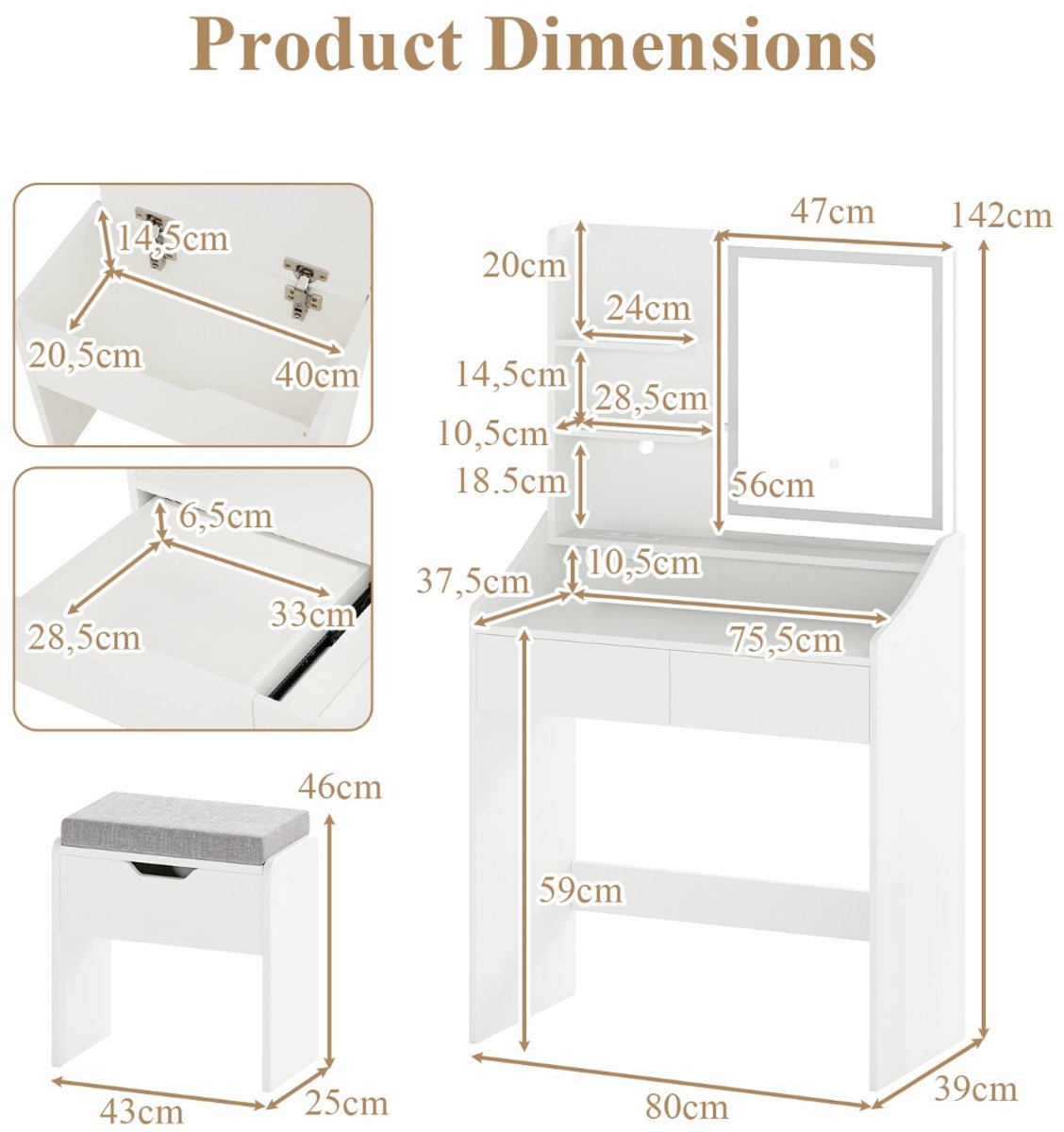 SureDeal® - Kaptafel - Spiegel - Driekleurige LED verlichting - 80x39x142 cm - Wit