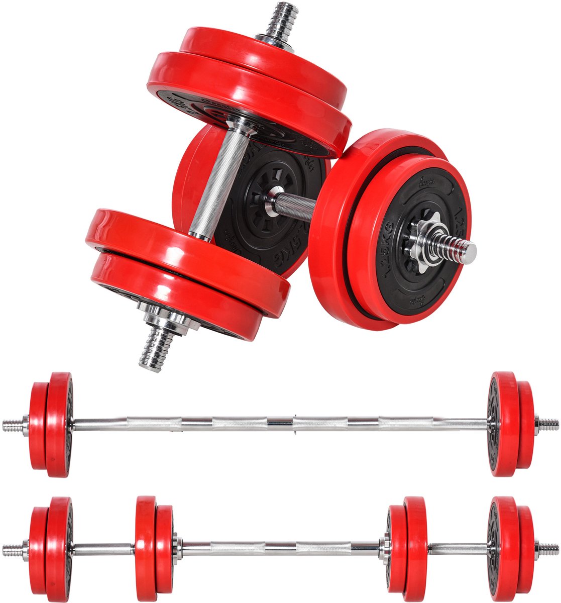 Verstelbare halterset van 20 kg, 2-in-1, met 8 gewichtsschijven, 2 stangen en verstelbare slingerarm voor krachttraining, gewichtheffen, thuis, sportschool, kantoor, zwart en rood