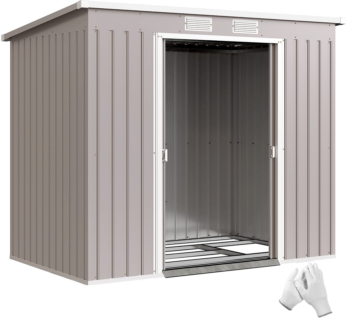 Tuinschuur 2,42 m² 213x130x172 cm met schuifdeur, schuin dak, fundering en 2 ramen, lichtgrijs