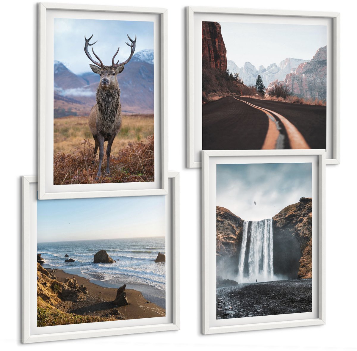 Wallfluent 4-Delige Schilderij Set - Berglandschappen Met Waterval, Herten En Strand - 40 x 40 En 40 x 60 - Decoratieve Schilderijen - Woonkamer - Interieur - Interieur Decoratie