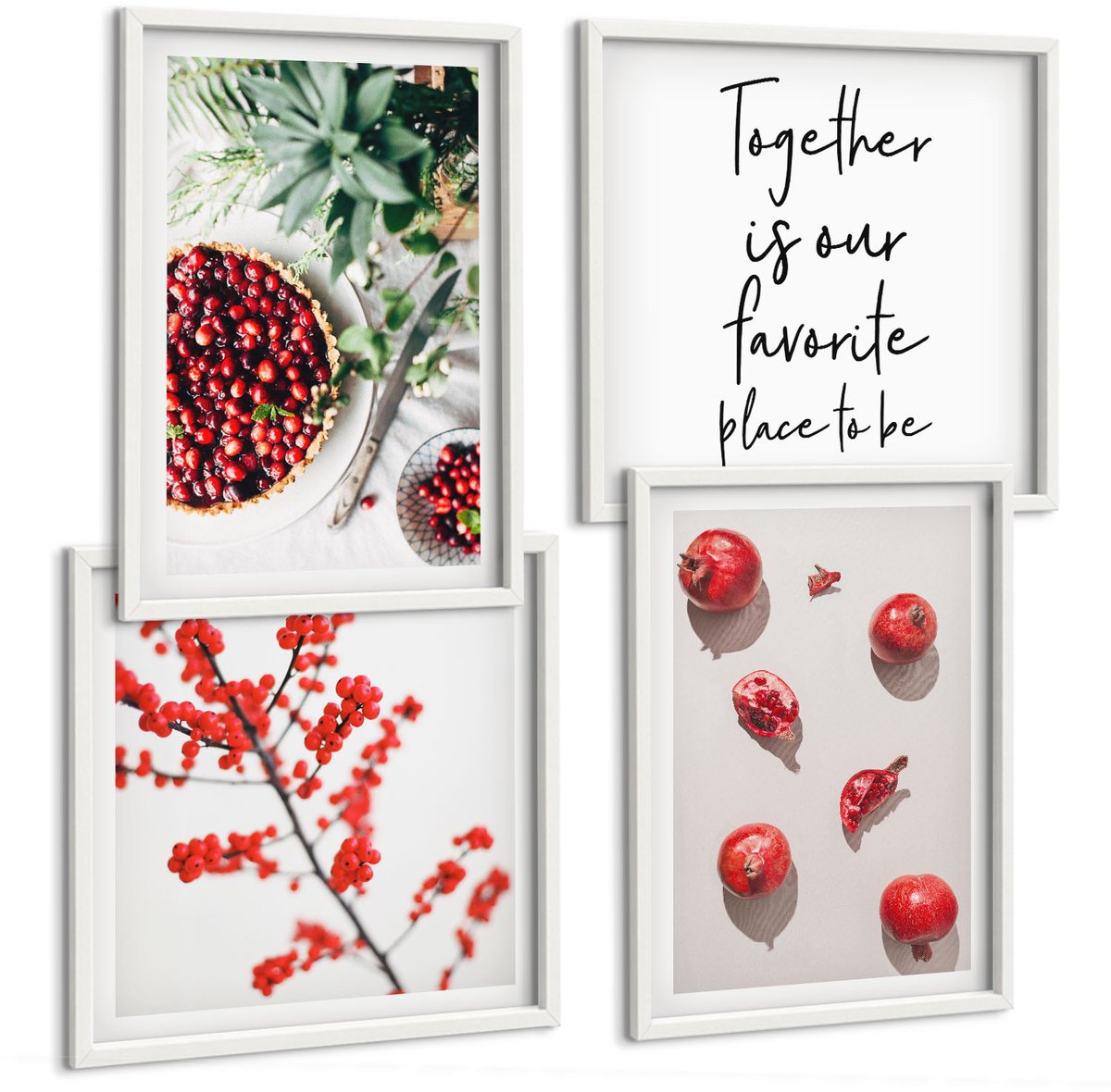 Wallfluent 4-Delige Schilderij Set - Rode Vruchten En Planten In Een Minimalistische Stijl - 40 x 40 En 40 x 60 - Wanddecoratie - Schilderijen Set - Kantoor - Woonkamer Decoratie