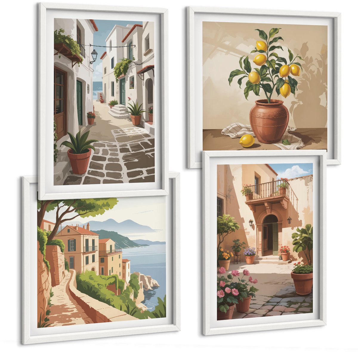 Wallfluent 4-Delige Schilderij Set - Schilderachtige Straatjes Met Huizen En Potplanten. - 40 x 40 En 40 x 60 - Wanddecoratie - Muurdecoratie - Moderne Interieurdecoratie - Woonkamer Decoratie