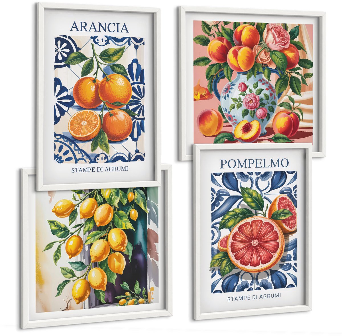 Wallfluent 4-Delige Schilderij Set - Trendy Posters Met Citrusvruchten In Italiaanse Stijl - 40 x 40 En 40 x 60 - Wanddecoratie - Moderne Interieurdecoratie - Woonkamer Decoratie