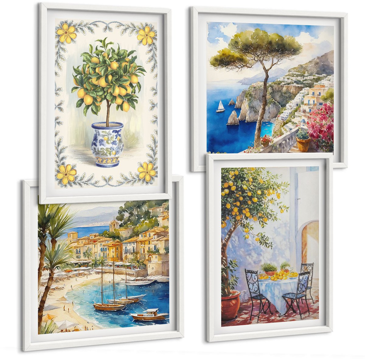 Wallfluent 4-Delige Schilderij Set - Uitzicht Op Zee Met Citroenbomen - 40 x 40 En 40 x 60 - Wanddecoratie - Woonkamer Decoratie