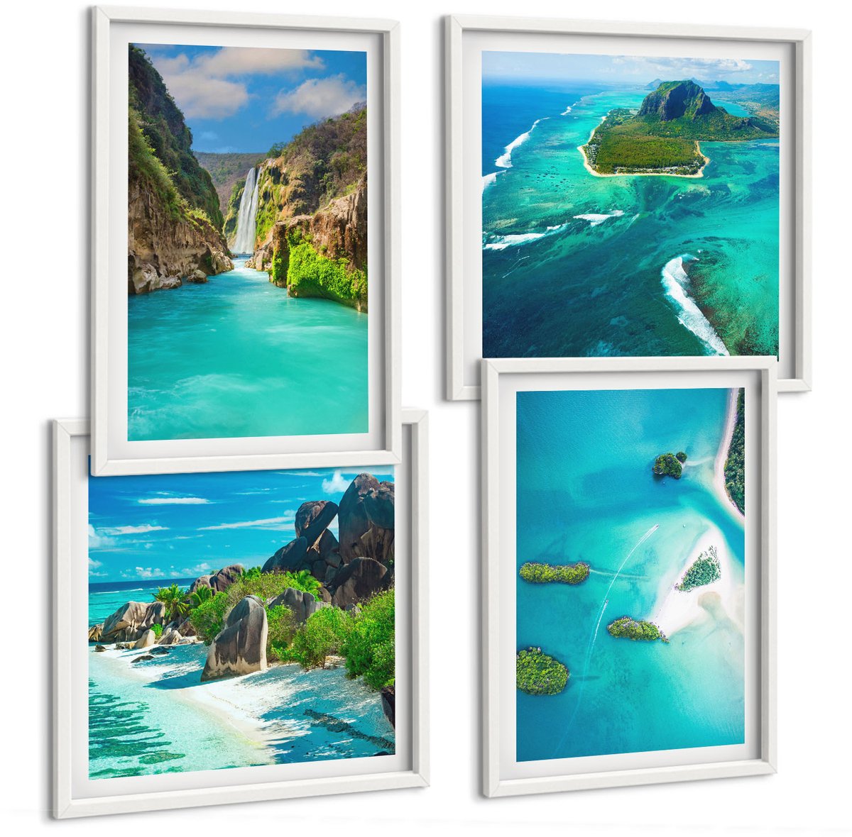 Wallfluent 4-Delige Schilderij Set - Tropische Landschappen Met Eilanden En Turquoise Water - 40 x 40 En 40 x 60 - Wanddecoratie - Moderne Interieurdecoratie - Interieur Decoratie