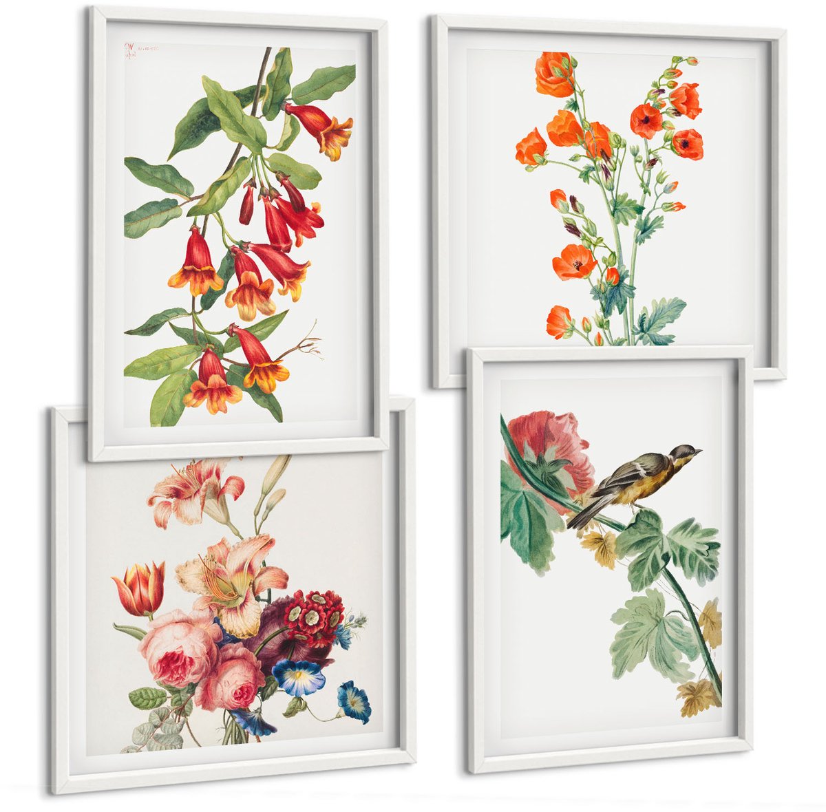 Wallfluent 4-Delige Schilderij Set - Geschilderde Retro Bloemen En Een Vogel Op Een Tak - 40 x 40 En 40 x 60 - Wanddecoratie - Muurdecoratie - Woonkamer - Interieur Decoratie