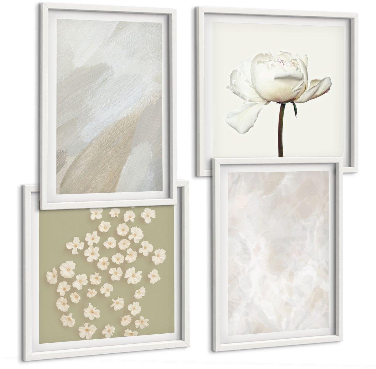 Wallfluent 4-Delige Schilderij Set - Bloemen En Trendy Texturen, Delicate Boho-Stijl - 40 x 40 En 40 x 60 - Wanddecoratie - Schilderijen Set - Kantoor - Woonkamer Decoratie