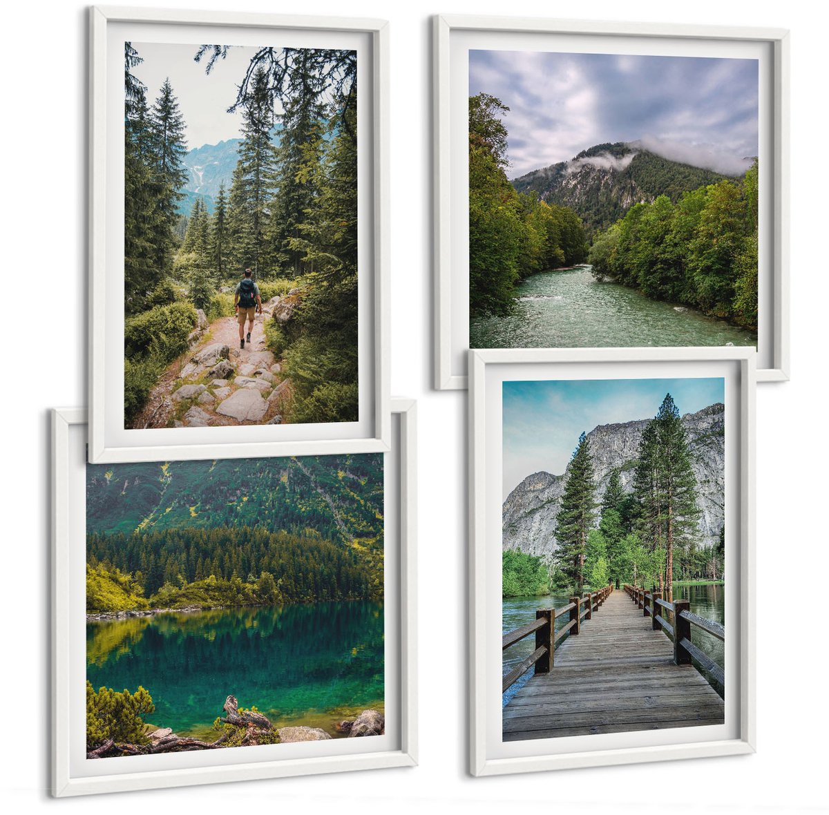 Wallfluent 4-Delige Schilderij Set - Bergen, Meren, Bossen En Paden In De Natuur - 40 x 40 En 40 x 60 - Decoratieve Muurdecoratie - Slaapkamer - Interieur Decoratie