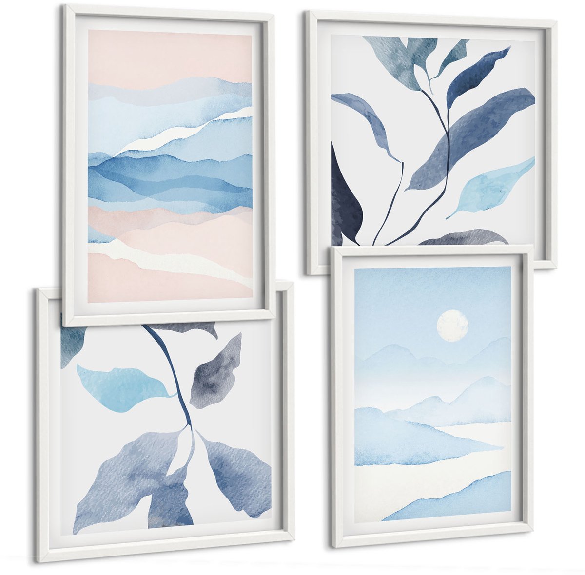 Wallfluent 4-Delige Schilderij Set - Verfijnde Berglandschappen Met Planten In Aquarel. - 40 x 40 En 40 x 60 - Stijlvolle Muurdecoratie - Slaapkamer - Interieur Decoratie