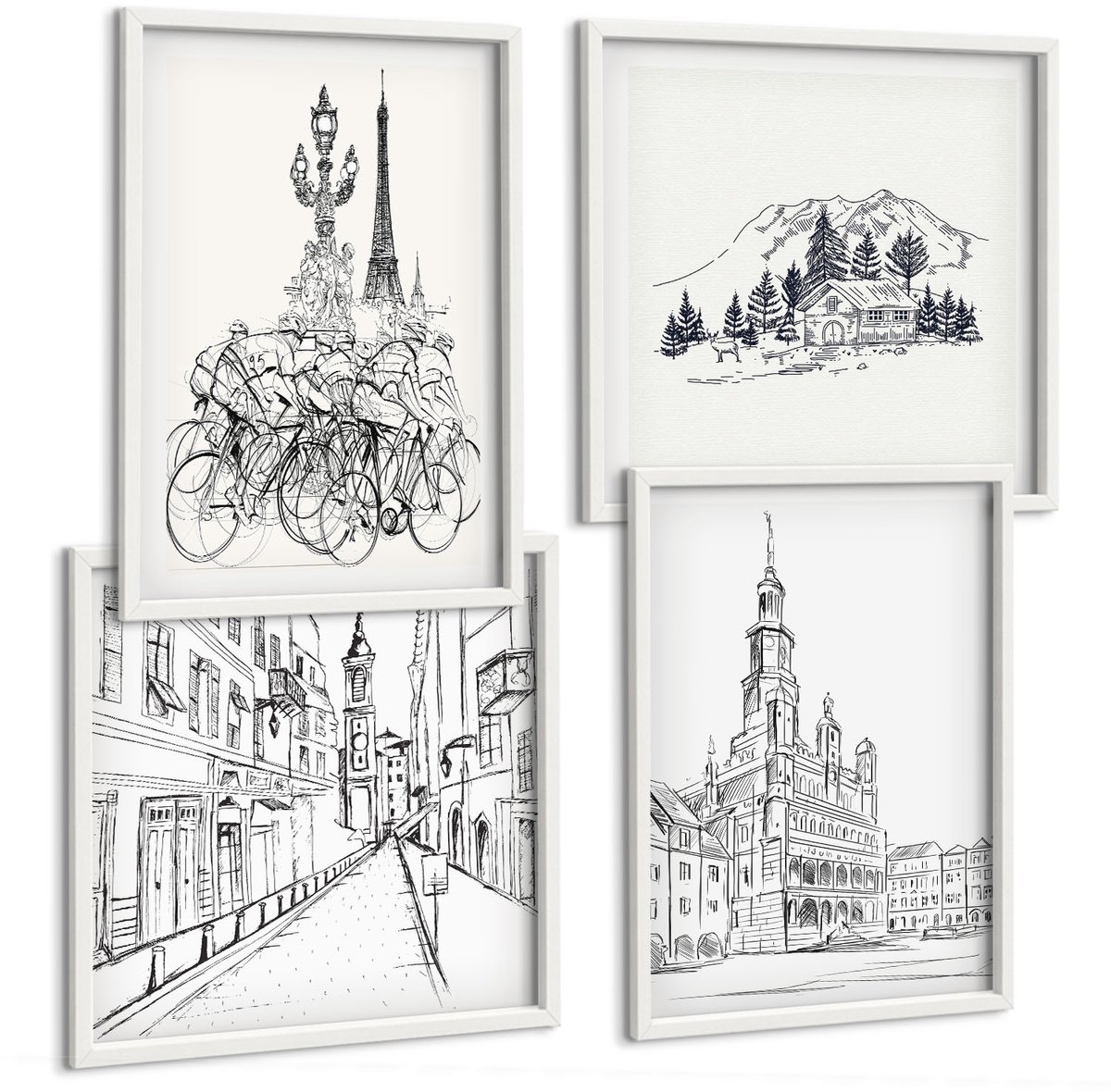 Wallfluent 4-Delige Schilderij Set - Eenvoudige Tekeningen Van Stadsgezichten - 40 x 40 En 40 x 60 - Wanddecoratie - Schilderijen Set - Kantoor - Interieur Decoratie