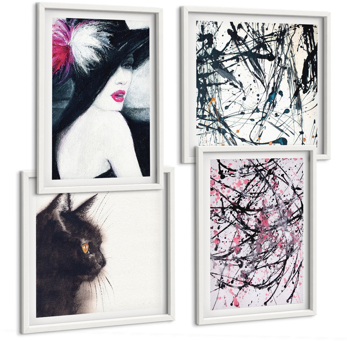 Wallfluent 4-Delige Schilderij Set - Abstracte Verfpatronen Vrouw Met Hoed Kat - 40 x 40 En 40 x 60 - Muurdecoratie - Decoratieve Schilderijen - Wohnzimmer