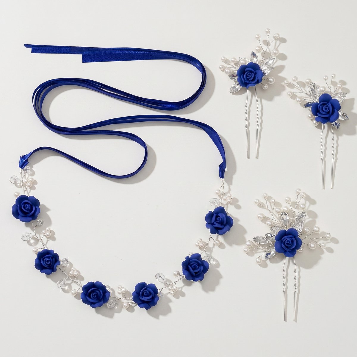 Bruid Bloemen Haarband Set, Handgemaakte Roos Haarband met 3 Haarspelden, Trouw Haaraccessoire voor Bruidsmeisjes,Set met blauwe rozenhaarspeld en haarband